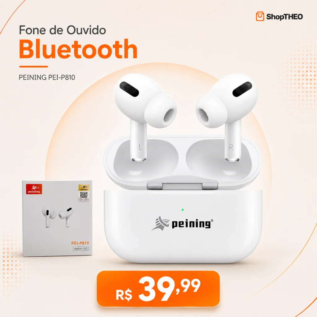 Fone de Ouvido Bluetooth Peining PEI-P810 com Borrachinhas, Microfone e Controle Touch