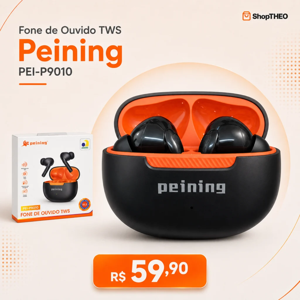 Fone de Ouvido Bluetooth 5.3 Peining PEI-P9010 TWS com Microfone e Controle Touch