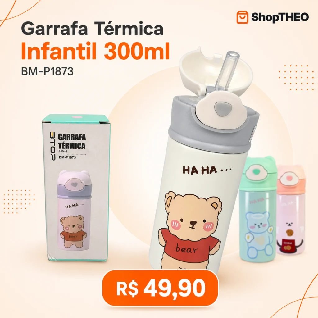 Garrafa Térmica Infantil Ursinho BTOP BM-P1873 300ml Inox com Canudo e Trava
