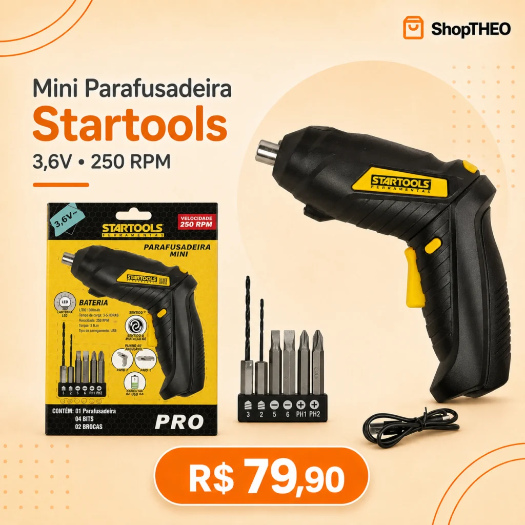 Mini Parafusadeira Recarregável Startools AR0605 3.6V 250RPM com LED e Acessórios