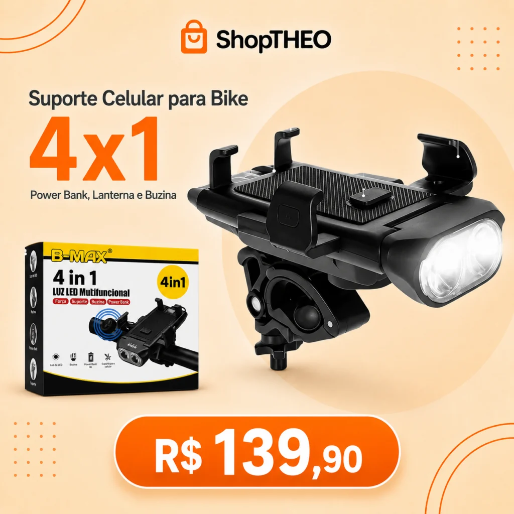 Suporte Celular para Bike 4x1 Power Bank, Lanterna e Buzina