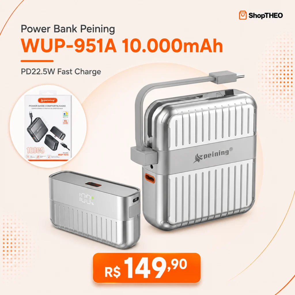 Power Bank Peining WUP-1010 10.000mAh com Cabos Integrados