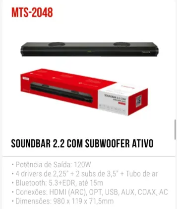 Soundbar 2.2 C/ Subwoofer Ativo Mts-2048
