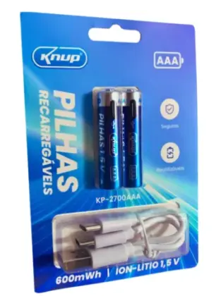 Pilha Recarregavel Palito Cabo Usb/Tpc 1,5V 600Mwh Kp-2700Aaa