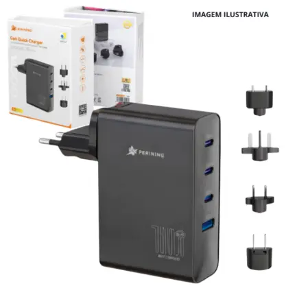 Carregador Gan Quick 100W 1 Usb + 3 Tpc Pei-G341-B