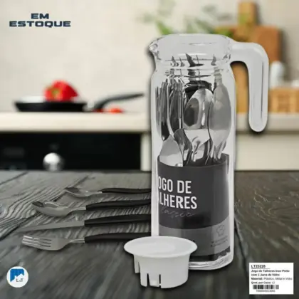 Jogo De Talheres Preto 25 Pçs + Jarro Vidro Lt-23226