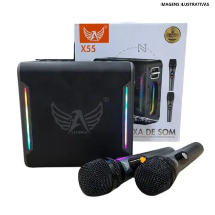 Caixa De Som Karaokê C/ 2 Microfones 120W Led Rgb X55